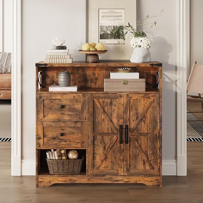 Fameill Farmhouse Storage Cabinet with Drawers and Open Storage,Freestanding Kitchen Pantry with 2 Barn Doors, Floor Cabinet with Adjustable Shelf for Living Room,Brown