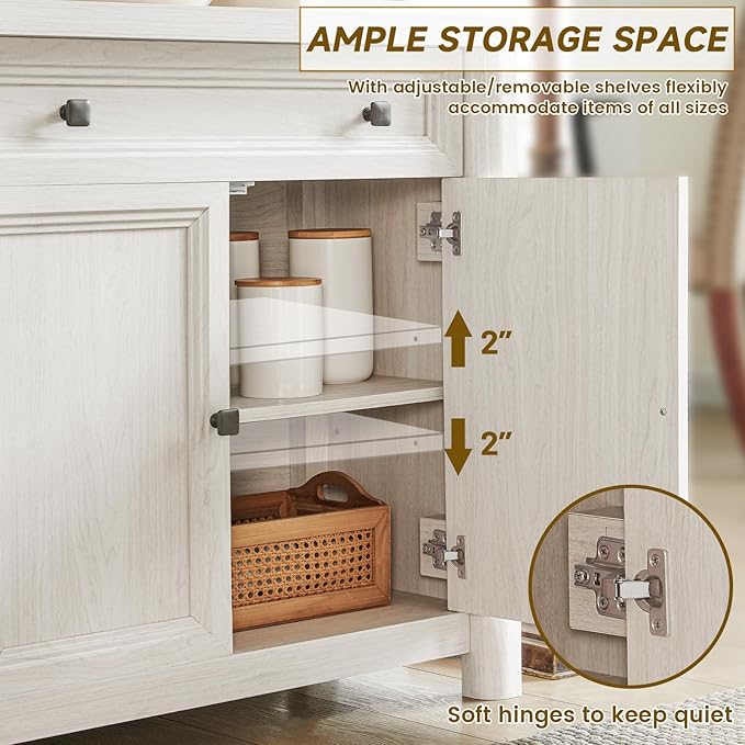 Farmhouse 59" Large Buffet Cabinet with Storage, White Sideboard Cabinets with 4 Doors and 2 Drawers, 32.1" Tall Wood Credenza Coffee Bar Console Kitchen Cabinet for Living Dining Room
