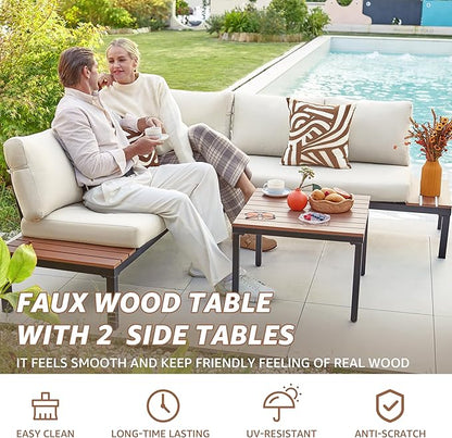 NATURAL EXPRESSIONS Patio Furniture Sets, Metal Outdoor Sectional L Shape Corner Sofa Outdoor Couch with Detachable Backrest,3 Fauxwood Tables,Black Frame,Beige Olefin Cushions for Yard,Garden