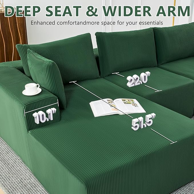 109" Cloud Sectional Couch, Boneless Couches for Living Room, Modular Sectional Sofa with Deep Seat, L-Shape Couch with Chaise, Comfy Corduroy Fluffy Modern Modular Sofa, No Assembly Required, Green