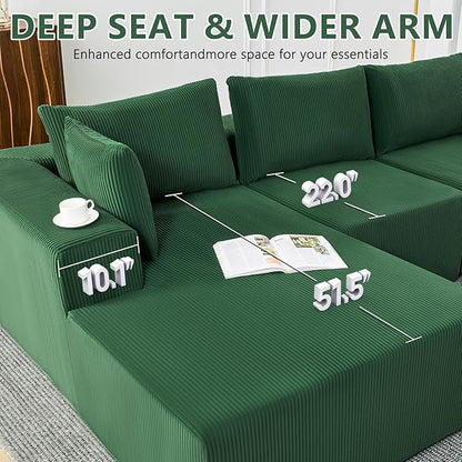 109" Cloud Sectional Couch, Boneless Couches for Living Room, Modular Sectional Sofa with Deep Seat, L-Shape Couch with Chaise, Comfy Corduroy Fluffy Modern Modular Sofa, No Assembly Required, Green