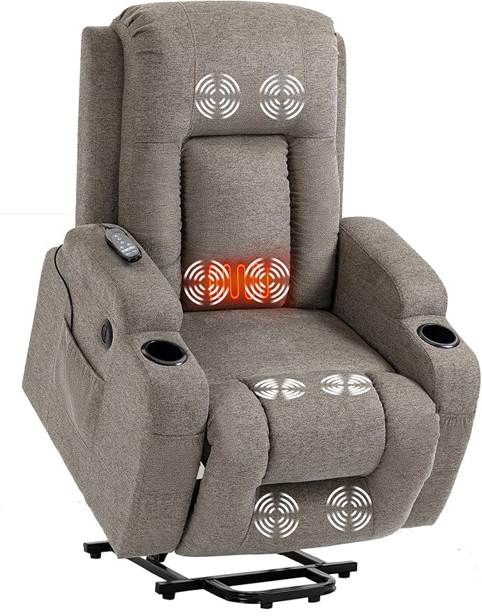 PELUMY Manual Lift Recliner Chair for Elderly with Massage & Heat, Oversized Heavy Duty 350 lbs Recliner with Cup Holders & USB Ports, Infinite Positioning Lift Chair for Adults (Linen Fabric, Brown)