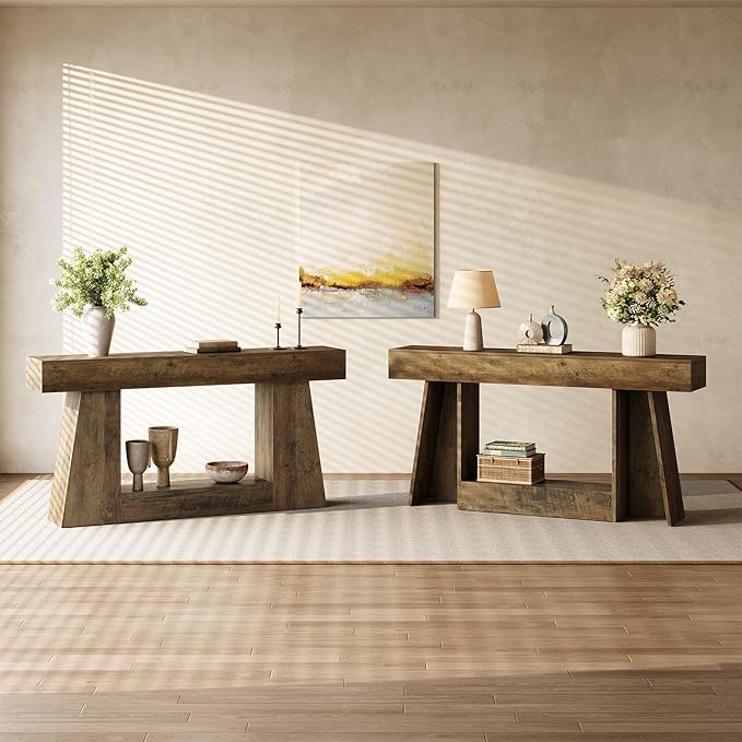 LITTLE TREE 63" Farmhouse Console Table with Storage, Rustic Sofa Table for Entryway, Narrow Long Sofa Table Behind Couch, Console Table for Living Room, Hallway—Versatile Storage Solution, Oak