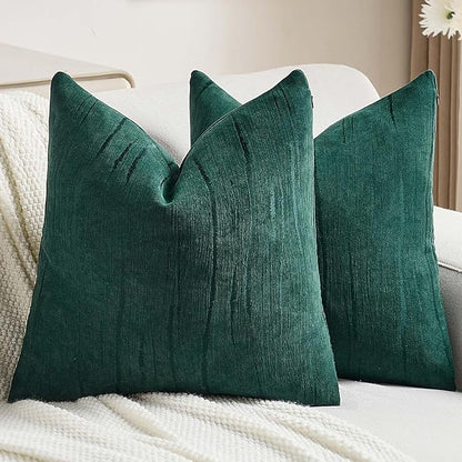 FUTEI Dark Green Chenille Decorative Throw Pillow Covers 16x16 Inch Set of 2,Soft Embossed Striped Textured Cushion Case,Modern Home Decor for Couch Bed Living Room