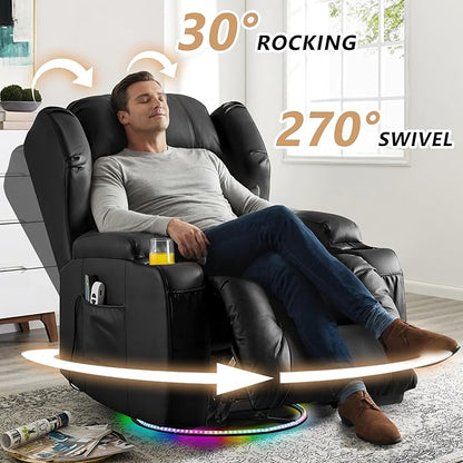 Power Swivel Rocker Recliner Chairs, Electric Wall Hugger Reclining Sofa with Massage & Heat, Comfy Theater Seating Single Chair with LED Light/USB/Type-C Ports (Leather Black, Single Chair)