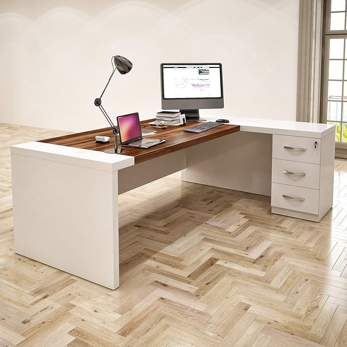 Leon 87" Wood Executive Large Desk for Home Office | Executive Right Side L Shaped Corner Desk & File Drawers w/Telescopic Rail | Modern Business Furniture | White & Brown
