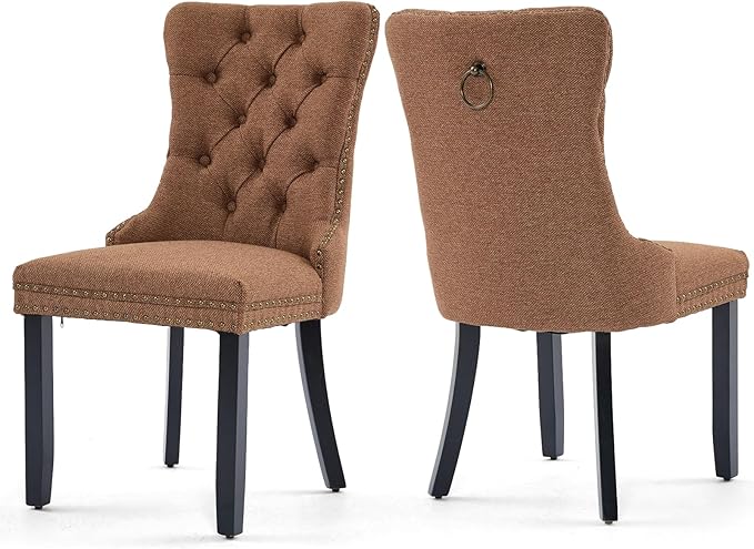 Linen Upholstered Dining Chairs Set of 2, Modern Style Kitchen Side Chairs with Nailhead Trim and Wood Leg, Metal Pulling Ring for Dining Room Living Room(Coffee,Set of 2)
