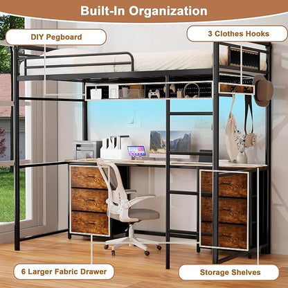 Loft Bed with Desk, Gaming Bunk Bed with Stairs, Twin Metal Loft Bed Heavy Duty Loft Beds for Adults, 6 Fabric Drawers, LED Lights & Charging Sation, No Noise & No Box Spring Needed, Black