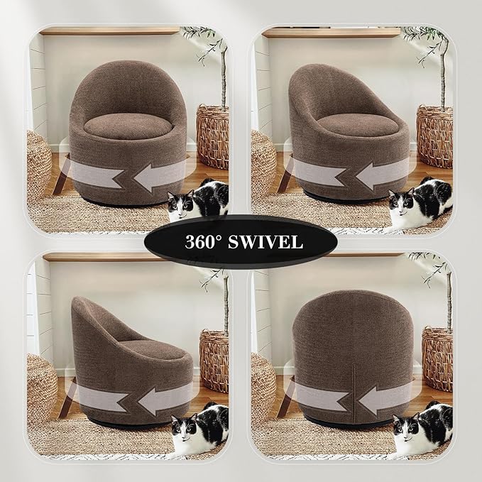 360° Swivel Accent Chair, Mid-Century Modern Chair with Hidden Storge, Small Swivel Chair with Arms for Living Room/Office-Brown