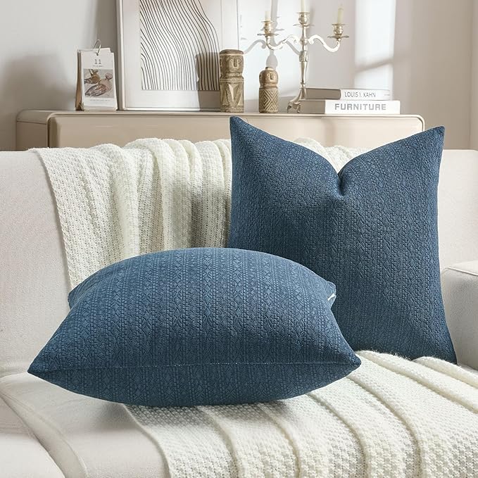 FUTEI Navy Blue Chenille Throw Pillow Covers 24x24 Inch Set of 2,Soft Striped & Diamond Textured European Cushion Cases,Modern Home Decor for Couch Living Room