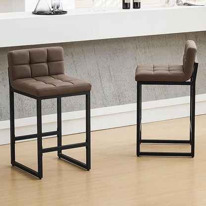 Counter Height Bar Stools Set of 2, Modern Faux Leather Counter Stools with Low Back and Footrest, Upholstered Bar Chairs for Kitchen Island (Coffee Brown, 2Pcs 26" Bar Stools)