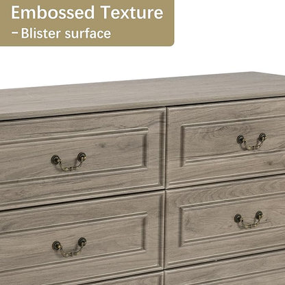 Farmhouse 6 Drawers Dresser for Bedroom, 47'' Wide Rustic chests of Drawers with Natural Texture, Wood Dresser Vintage Design, Storage Dressers Organizer, Grey