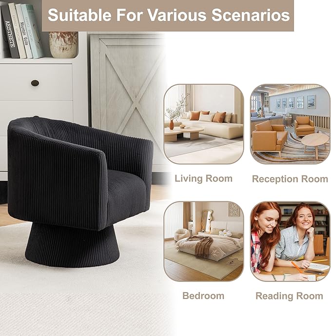Swivel Accent Chair, Modern 360° Swivel Barrel Chair, Corduroy Upholstered Single Sofa for Living Room, Bedroom(Black)