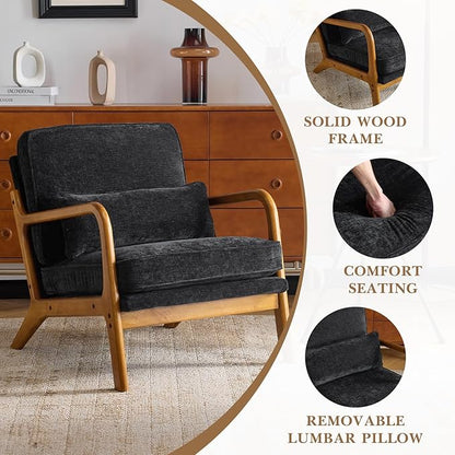 Karl home Mid Century Modern Accent Chair with Lumbar Pillow & Oak Arms – Plush Chenille Living Room Chair for Bedroom, Lounge (Black)