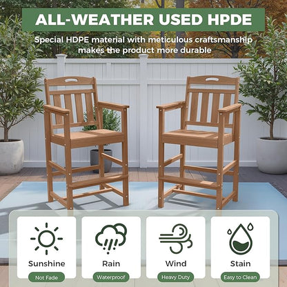 HDPE Outdoor Patio Tall Bar Chair, All-Weather Bar Height Balcony Adirondack Stools for Bistro, Garden, Backyard, Deck | Teak