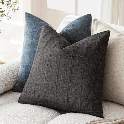 Foindtower Set of 2 Decorative Linen Check Throw Pillow Covers Neutral Farmhouse Vintage Cushion Covers Modern Boho Home Decor for Sofa Chair Couch Bedroom Living Room,18×18 Inch,Charcoal