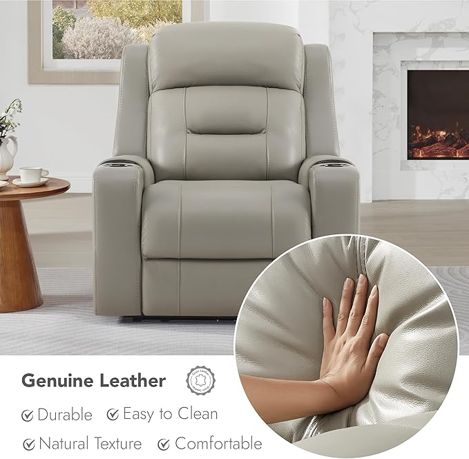 Watson & Whitely Oversized Genuine Leather Power Recliner Chairs for Big and Tall, Extra Wide Lay Flat Recliner with Power Headrest & Cup Holders, Electric Reclining Sofa for Living Room, Grey