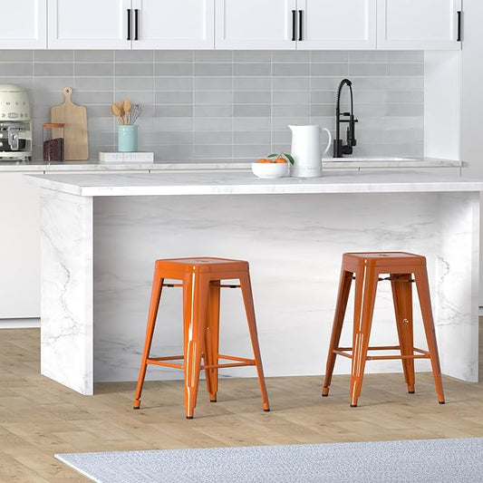 Vogue Furniture Direct 24" High Bar Stools Backless Orange Metal Barstools Indoor-Outdoor Counter Height Stools with Square Seat, Set of 4