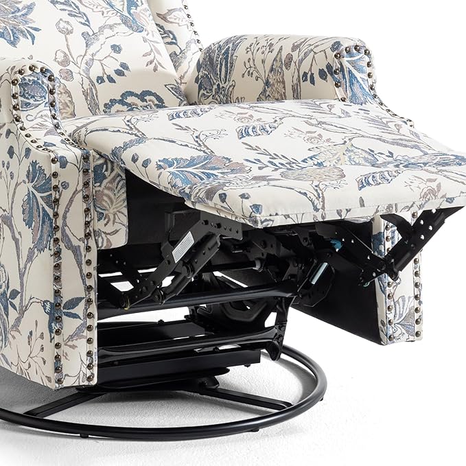 UIXE Swivel Rocker Manual Recliner Chair, Wingback Swivel Glider Fabric Nursery Reclining Sofa Chair, High Back Upholstered Arm Chair for Living Room Bedroom - Blue Plants
