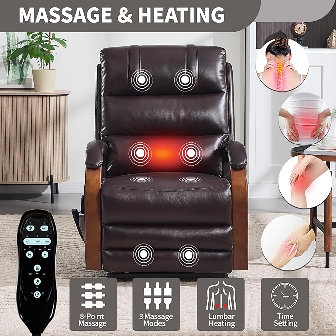 Dual Motor Recliner Lift Chair with Heat and Massage, Heavy Duty Leather Power Lift Recliner Chair Idea Gifts for Seniors, Stand Assistance, Dark Brown