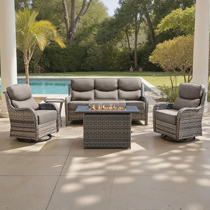 Belord Luxury 6" Thick Cushioned 5 Pieces Patio Furniture Set with Fire Pit Table, Wicker Outdoor Conversation Set with High Back Swivel Rocker Chairs for Deck Porch Yard and Poolside - Grey+Grey