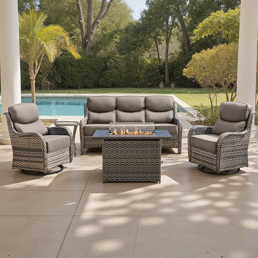 Belord Luxury 6" Thick Cushioned 5 Pieces Patio Furniture Set with Fire Pit Table, Wicker Outdoor Conversation Set with High Back Swivel Rocker Chairs for Deck Porch Yard and Poolside - Grey+Grey