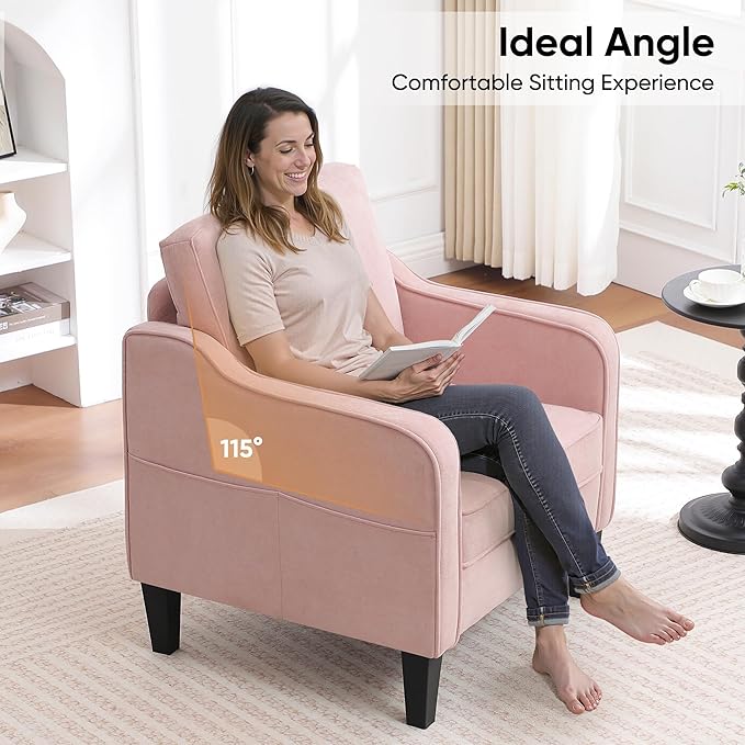 Accent Chair for Living Room, Mid Century Modern Reading Chair for Bedroom, Upholstered Armchair with Side Pockets, Comfy Single Sofa Side Chair for Office, Apartment, Small Room, Pink