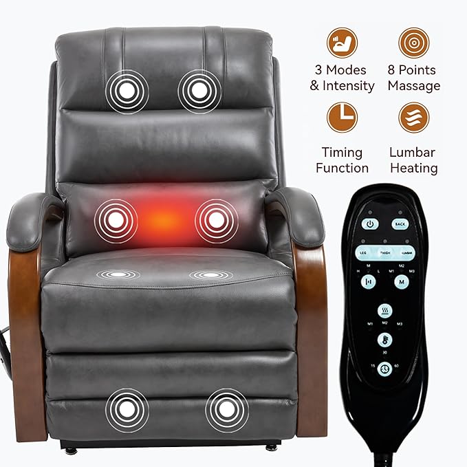 Dual Motor Recliner Lift Chair with Heat and Massage, Heavy Duty Leather Power Lift Recliner Chair Idea Gifts for Seniors, Stand Assistance, Grey