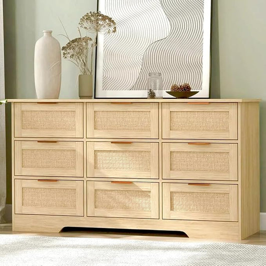LTMEUTY 9 Drawer Dresser for Bedroom, Rattan Chest of Drawers, Modern Boho Wood Dresser Chest with Golden Handles, 55” Wide Large Storage Long Dressers Organizer for Closet, Entryway, Living Room
