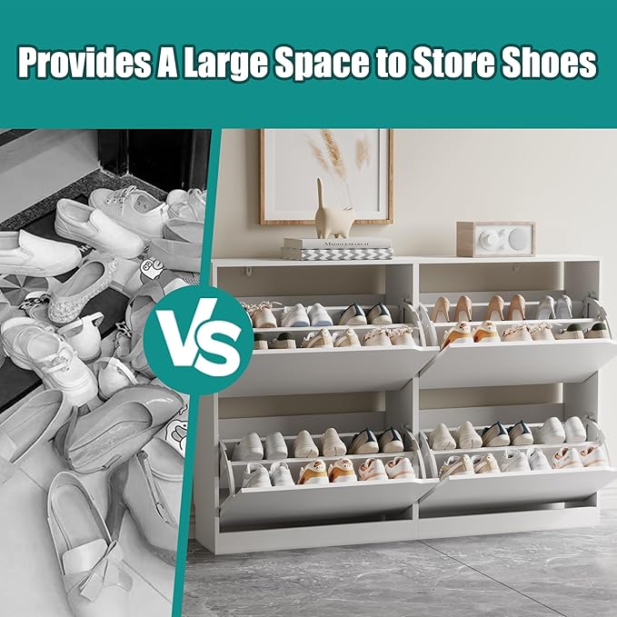 Shoe Storage Cabinet for Entryway with 4 Flip Drawers, Sturdy Wood Hidden Shoe Storage, Freestanding Narrow Slim Shoe Organizer for Front Door Entrance, Living Room, Hallway, Bedroom, White