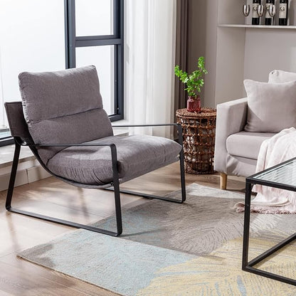 Mid-Century Accent Chair, Comfy Linen Fabric Side Chair with Armrest, Upholstered Leisure Chair with Black Metal Frame for Living Room Bedroom Reception Room, Grey
