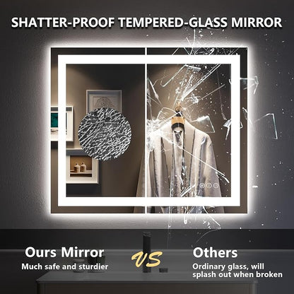 28x36 Inch LED Bathroom Mirror with Lights Front and Backlit Lighted Vanity Mirror for Bathroom Wall with 3 Colors Dimmable Anti-Fog Memory Shatter-Proof IP54 Waterproof Horizontal/Vertical