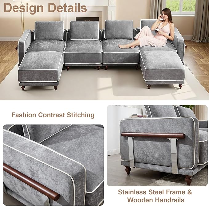 35" Square Ottoman for Modular Couch Sectional Sofa,Movable Footstool with Wooden Legs for Living Room Bedroom,Comfy Thicked Cushion Upholstered Foot Rest,Light Grey