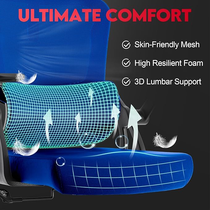 Ergonomic Office Chair - 400LB Comfy Desk Chairs with Adjustable Headrest and Lumbar Back Support, Mesh Computer Chairs with Wheels and Arms for Home Office, Study, Bedroom and Dorm (01blue)
