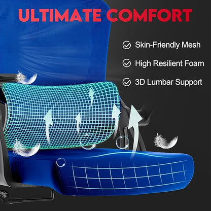 Ergonomic Office Chair - 400LB Comfy Desk Chairs with Adjustable Headrest and Lumbar Back Support, Mesh Computer Chairs with Wheels and Arms for Home Office, Study, Bedroom and Dorm (01blue)