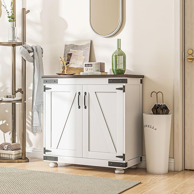 HOMCOM Modern Sideboard, Buffet Cabinet with Barn Door and Adjustable Shelf, Kitchen Pantry Cabinet, Distressed White and Brown