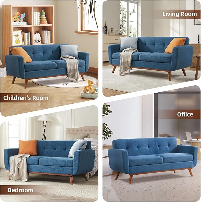 Tbfit Loveseat Sofa, 65" W Mid Century Modern Love Seat Small Loveseat for Bedroom, Button Tufted Upholstered Small Couch Sofa for Living Room, Blue