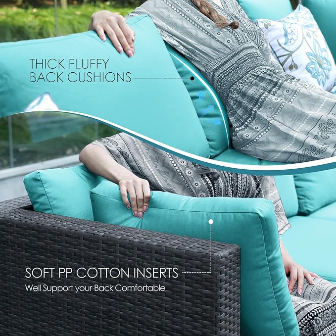 NICESOUL 8 People Outdoor Seating Furniture, 29.3'' High Back Comfortable Wicker Patio Sectional Sofas with Ottoman, Deep Seats Oversized Conversations for Exteriors, 2 Color Cushion Turquoise & Gray