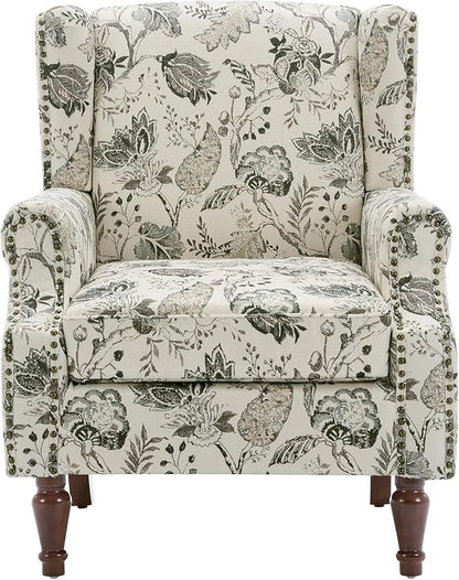 UIXE High Back Floral Accent Chair, Fabric Upholstered Armchair for Living Room, Retro Printed Wingback Arm Chair Nailhead Trim Single Sofa Bedroom Reading Seat - Beige Plants