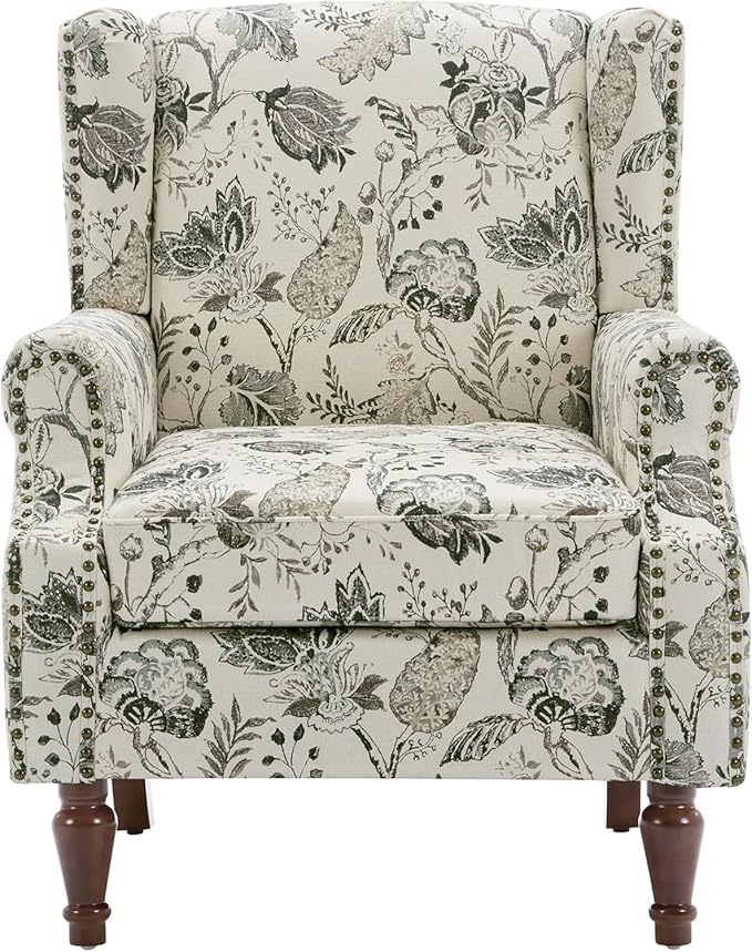 UIXE High Back Floral Accent Chairs Set of 2, Fabric Upholstered Armchair for Living Room, Retro Printed Wingback Arm Chair Nailhead Trim Single Sofa Bedroom Reading Seat - Beige Plants