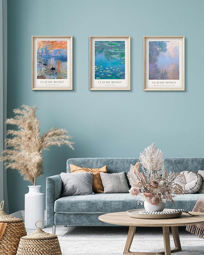 Framed Claude Monet Water Lilies Canvas Wall Art,Vintage Impressionist Botanical Painting,16x12IN High Framed Design Prints,Minimalist Classic Decor Aesthetic for Living Room,Bedroom,Bathroom Set of 3