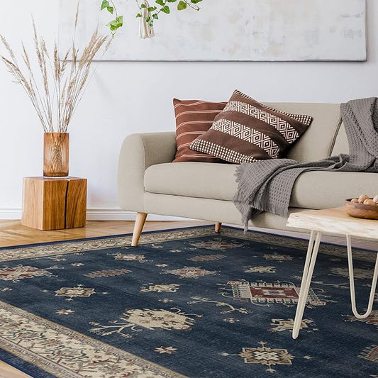 RUGGABLE Washable Vintage Area Rug – Verena Sapphire 9x12, Stain-Resistant, Non-Slip – Large Machine Washable Rugs for Living Room, Bedroom, Hallway, Entryway & Office–with Standard Pad