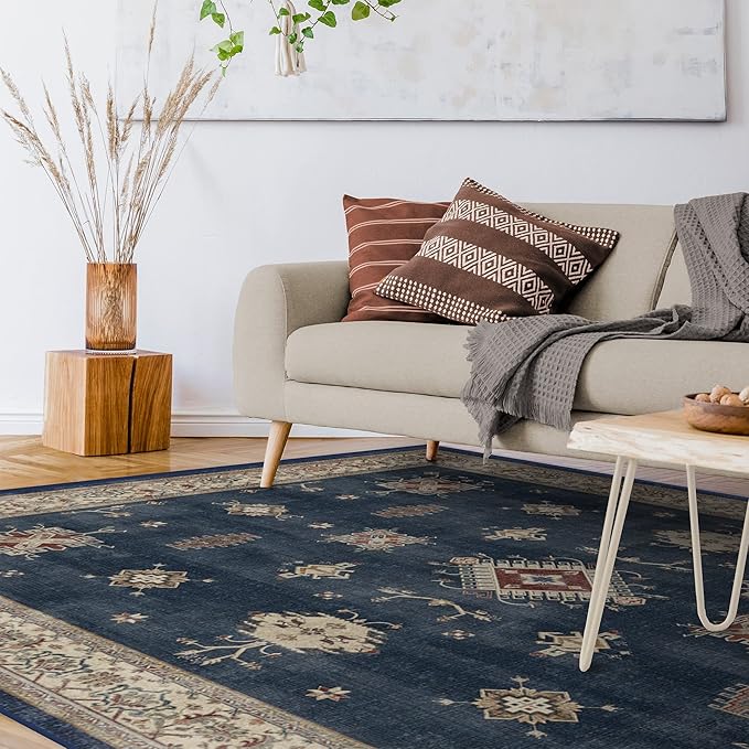 RUGGABLE Washable Vintage Area Rug – Verena Sapphire 8x10, Stain-Resistant, Non-Slip – Large Machine Washable Rugs for Living Room, Bedroom, Hallway, Entryway & Office–with Cushioned Pad