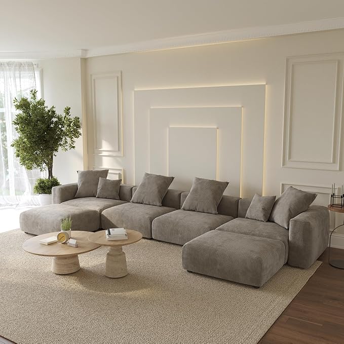 WJShome Cloud Couch Modular Sectional Sofa,181.1inch U Shaped Couch,Oversized Corduroy Couches with Ottoman and 6 Pillows,Brown 6 Seater,Cushion Covers Removable& Washable