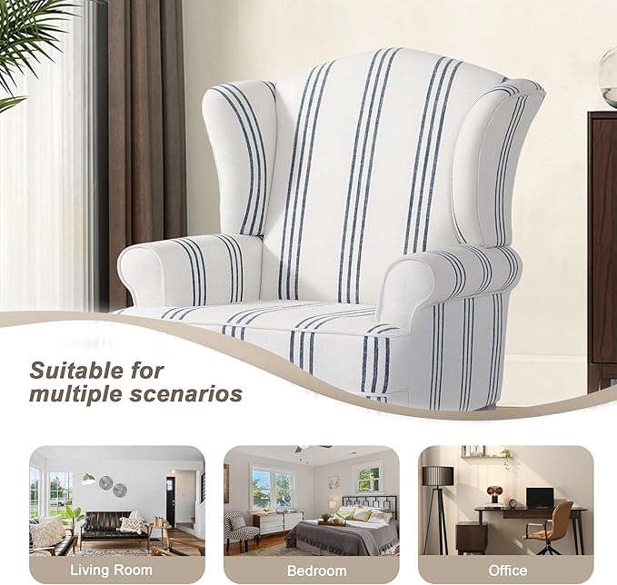 Pia Ricco Stripe High Back Floral Accent Chair, Upholstered Fabric Armchair with Solid Wood Legs - Retro Living Room Reading Chair, Comfortable Single Sofa Seat-Navy
