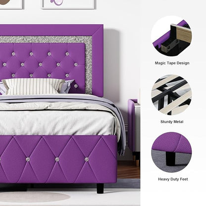 BarnFurin Twin Bed Frame with Headboard, Upholstered Bed with Diamond Tufted Design, No Box Spring Needed, Wooden Slats Support, Easy Assembly, Purple