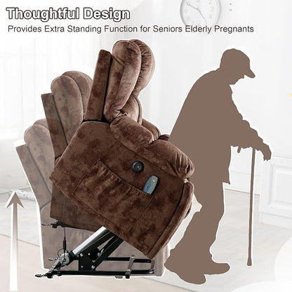 Bonzy Home Power Lift Recliner Chair with Massage and Heating, Lift Chairs Recliner for Elderly, Upholstered Comfy Power Lift Chair with 2 Hidden Cup Holders, Side Pockets, USB Port, Brown