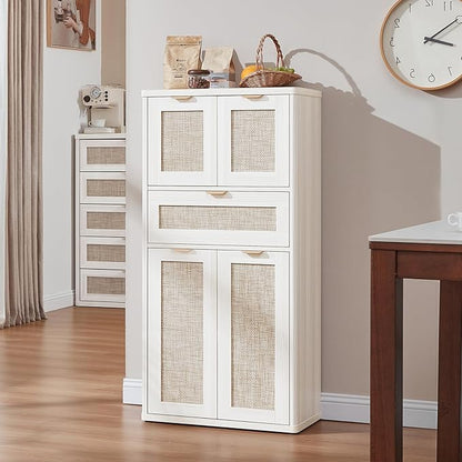 LEYAOYAO 48" Tall Storage Cabinet,Rattan Bathroom Floor Cabinets with 2 Doors & 1Drawer,Boho Kitchen Pantry with Adjustable Shelves,Wooden Cupboard for Living Room,Home Office,Dining,White Cream Oak