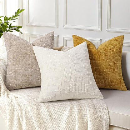 decorUhome Mustard Yellow Chenille Throw Pillow Covers 16x16 Set of 2 Thick Textured Slubby Couch Pillow Covers Farmhouse Accent Modern Neutral Decorative Pillow Cases for Bed Sofa Living Room