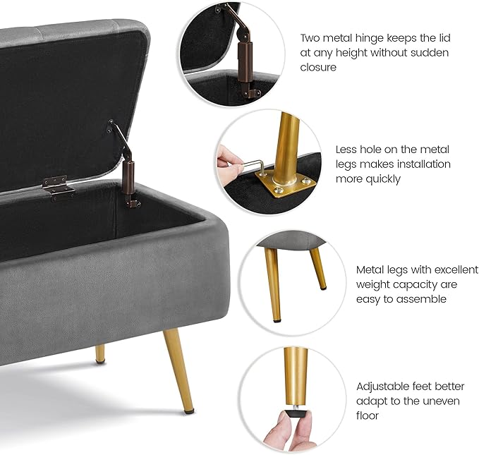 Yaheetech Ottoman with Storage 2pcs, Velvet Entryway Bench with Safety Hinge, Upholstered Bench with Seating for Bedroom, Living Room, Holds up to 519 lb, Gray